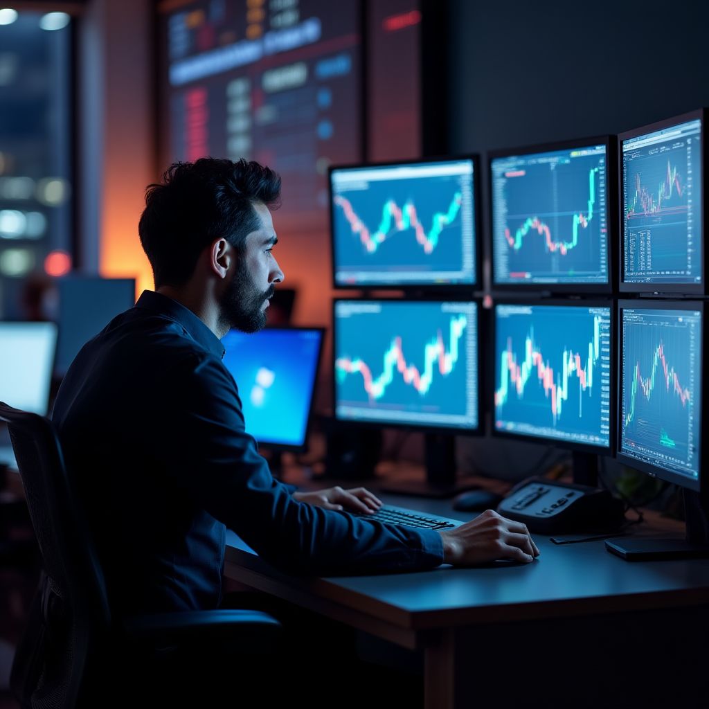 Trader profesional operando múltiples pantallas